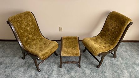 Vintage Japanese Obi Slipper Chairs & Ottoman -3 Piece