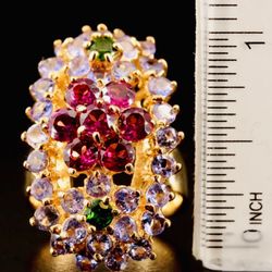 Vintage sterling silver w/plated gold, Tanzanite. Diopside and Garnet ring