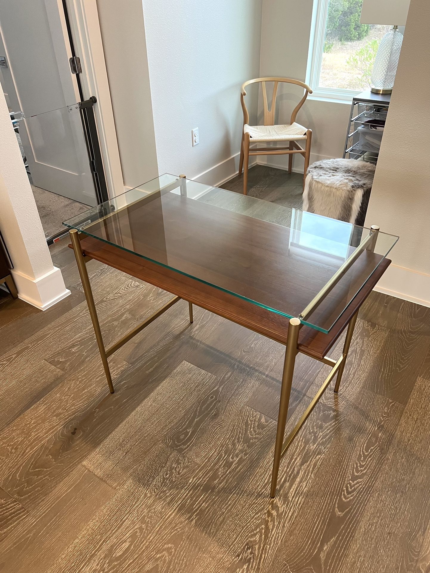 West Elm Small Mid-Century Brass, Wood & Glass Desk