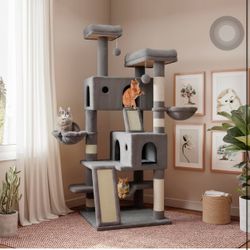 65in Larger Cat Tree Tower Condo for Indoor Cats, Multi-Level Furniture Activity Center with Wide Base/Cozy Plush Cat Perches/Baskets/Sisal Scratching