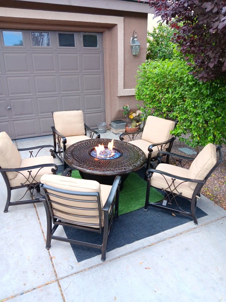 Patio Set Fire Pit And 5 Rocking Chairs With Cushions 