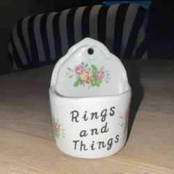Vintage Rings and Things Small Porcelain Wall Pocket Trinket Dish Floral Pink Roses 2.5” Tall