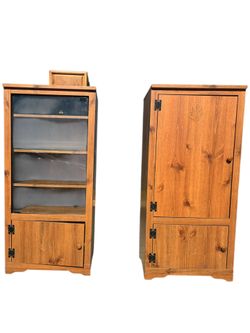solid wood armoire with a wheat carving and bookcase with a glass door w/wheat carving
