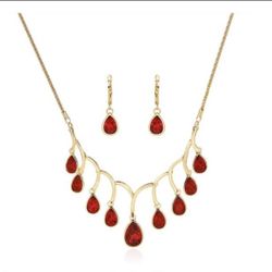 Deep Red Waves Drop Gold Plated Jewelry Set