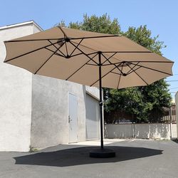Brand New $115 Large 15 FT Double Sided Outdoor Umbrella with 65 LBS Plastic Weight Base (Beige color) 