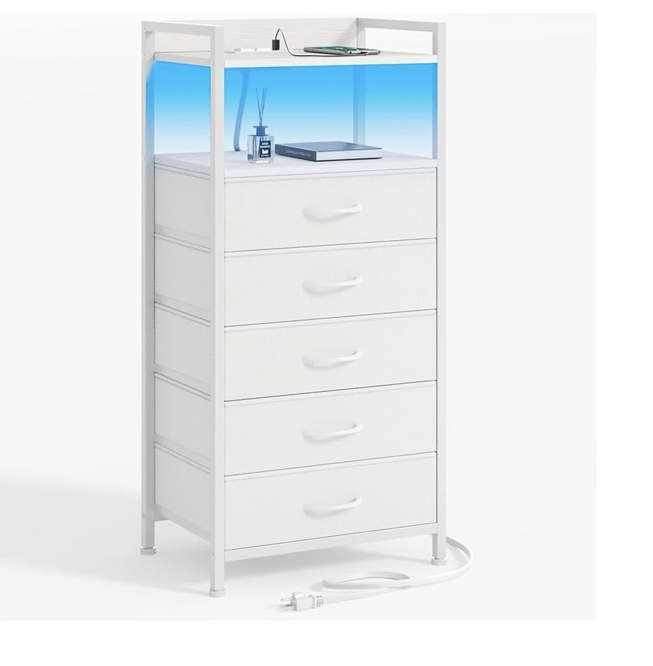White Nightstand with 5 Storage Drawer, Tall Dresser for Bedroom with Led Light and USB Charging Station,