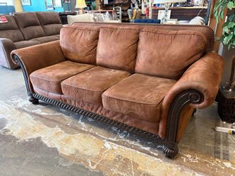 Cinnamon Fabric 3-Seat Flare Arm Sofa w/ Wood & Nailhead Trim