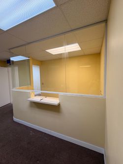 Commercial Glass Receptionist Enclosure – 13ft Wide – Aluminum Framing – Office/Clinic Security Partition