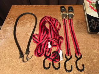 LOT OF 2 TASK FORCE 10FT RATCHET TIE DOWN AND 1 RUBBER TARP STRAP