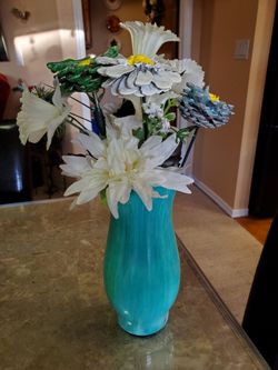 Hand painted acrylic pour vase, turquoise/white