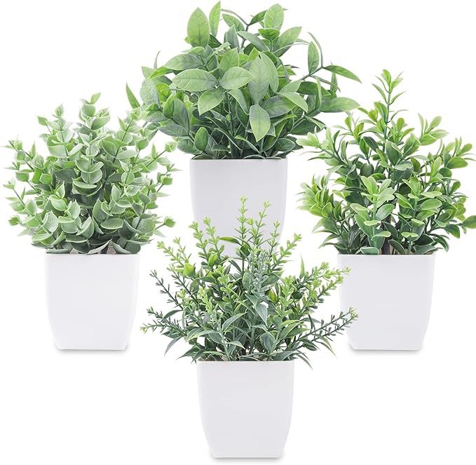 4 Pack Fake Plants Mini Artificial Greenery Potted Plants for Home Decor Indoor Office Table Room Farmhouse