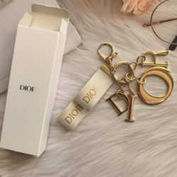 CD Dior DIOR Logo Bag Charm Key Chain Keyring Detachable Rose Gold Cream Fabric