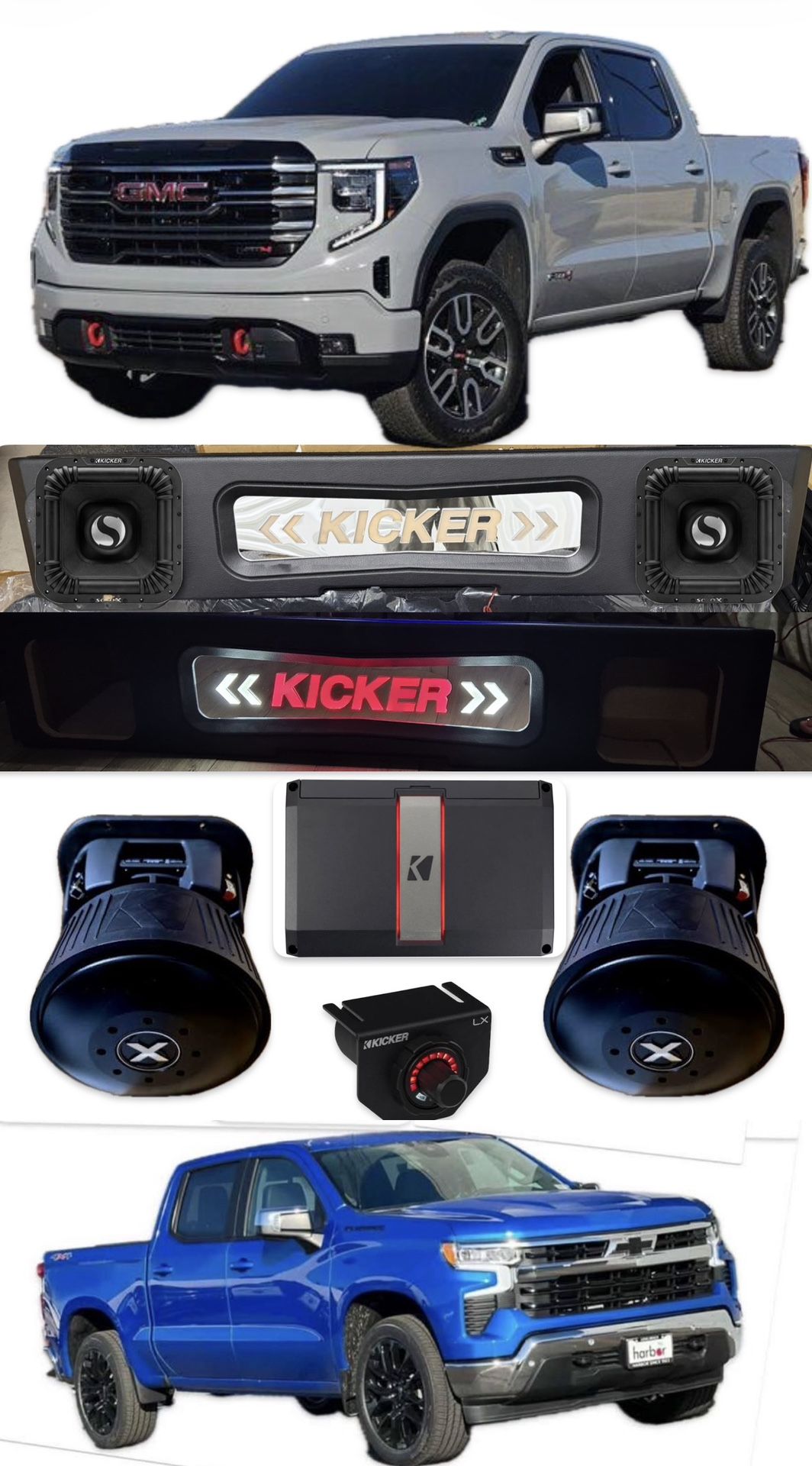 GMC SIERRA CHEVY SILVERADO 2019-2026 BASS PACKAGE KICKER SOLO X 8” CUSTOM BOX INSTALLED