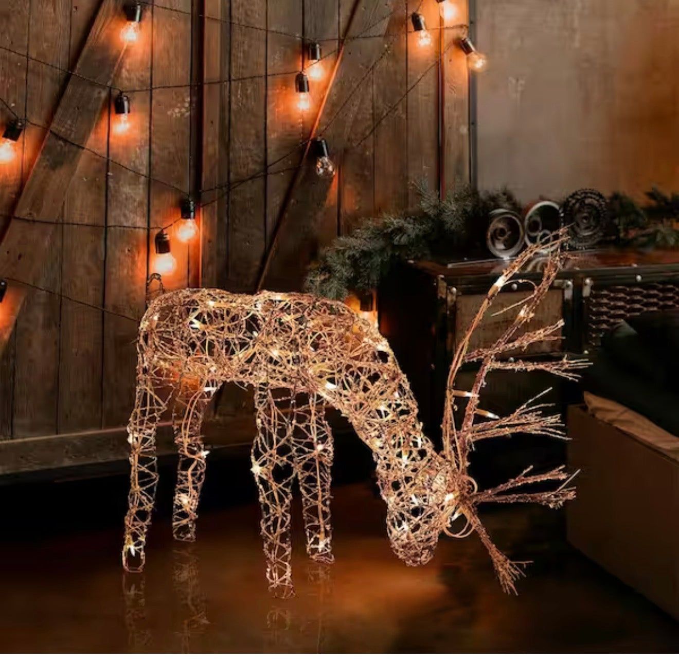 24 in Tall Rattan Grazing Reindeer Decoration with Halogen Lights 29 in Long