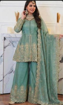Sage Green Embroidered Sharara Suit Set