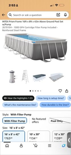 Intex 16 Feet x 42 Inches Prism Frame Rectangular Above Ground Swimming Pool Set w/ Canopy