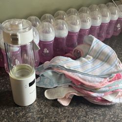 22 Pink Baby Bottles…portable Baby Bottle Warmer…..bibs 