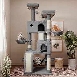 65in Larger Cat Tree Tower Condo for Indoor Kitties/Multi-Level Furniture Activity Center with Wide Base/Cozy Plush Cat Perches/Baskets/Sisal Scratchi