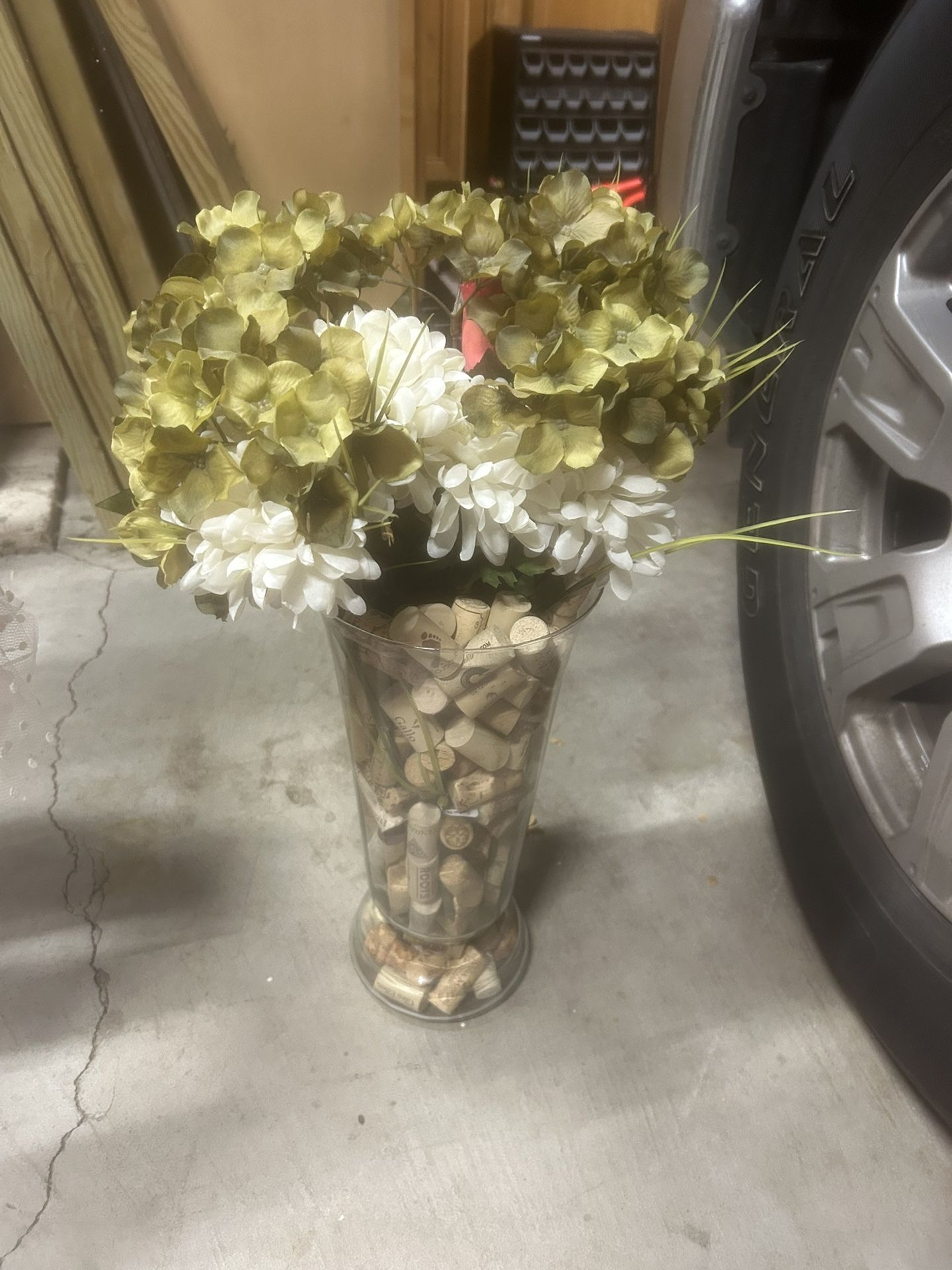 Wine Corks, Fake Flowers, Glass Vase