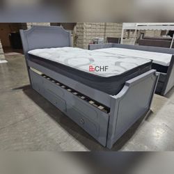 Twin / Twin  Wooden Captain Bed with Trundle and Bottom Drawers Storage.