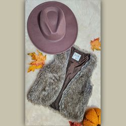 Boho Chic Faux Fur Girls Justice Vest Size 12 and Fedora Wool Hat | Fall/ Winter/Thanksgiving Accessories Outfit 👒🍁🍂🤎✨️