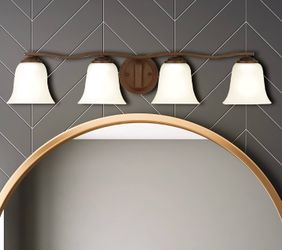 New Vanity Light for Bathroom, 4 Lights, Bronze, 32” X 6.25”, Satin Etched Glass Shades. Retail about $150.
