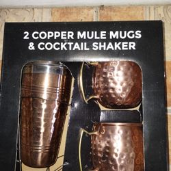 2 Copper Mule Mugs & Cocktail Shaker