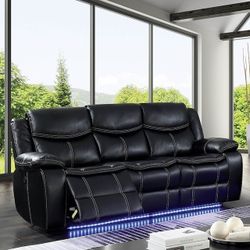 BLACK BREATHABLE LEATHERETTE LED-LIGHT -USB-CHARGE-SOFAxRECLINER