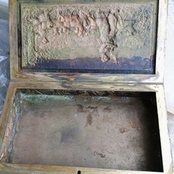 19th c. English Gilt Bronze Keepsake Small Chest/Box w/high relief scene. 8 x 4"