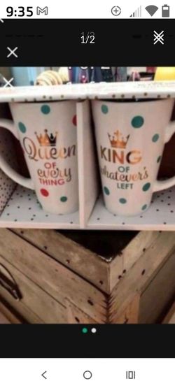 AMERICAN ATELIER LATTE COFFE CUPS SET OF TWO KING 👑 & QUEEN RED BLUE GOLD DOTS