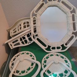 Vintage Wicker White Rattan Mirror  OR Wall Shelf