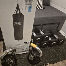 70 Pound Punching Bag, Peloton Dumbbells