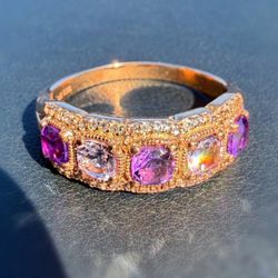 10k solid rose gold Natural 1.25CTW Amethyst & 0.5CTW Diamond Halo 5-Stone Ring band sz10.5