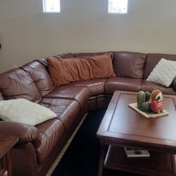 Brown Sectional Couch With 2 Wood End Tables, Coffee Table And TV Stand