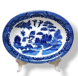 Antique Vintage Flow Blue Willow Oval Pottery Ceramic Bowl 10"x8"x2.5" Oriental Asian Authentic