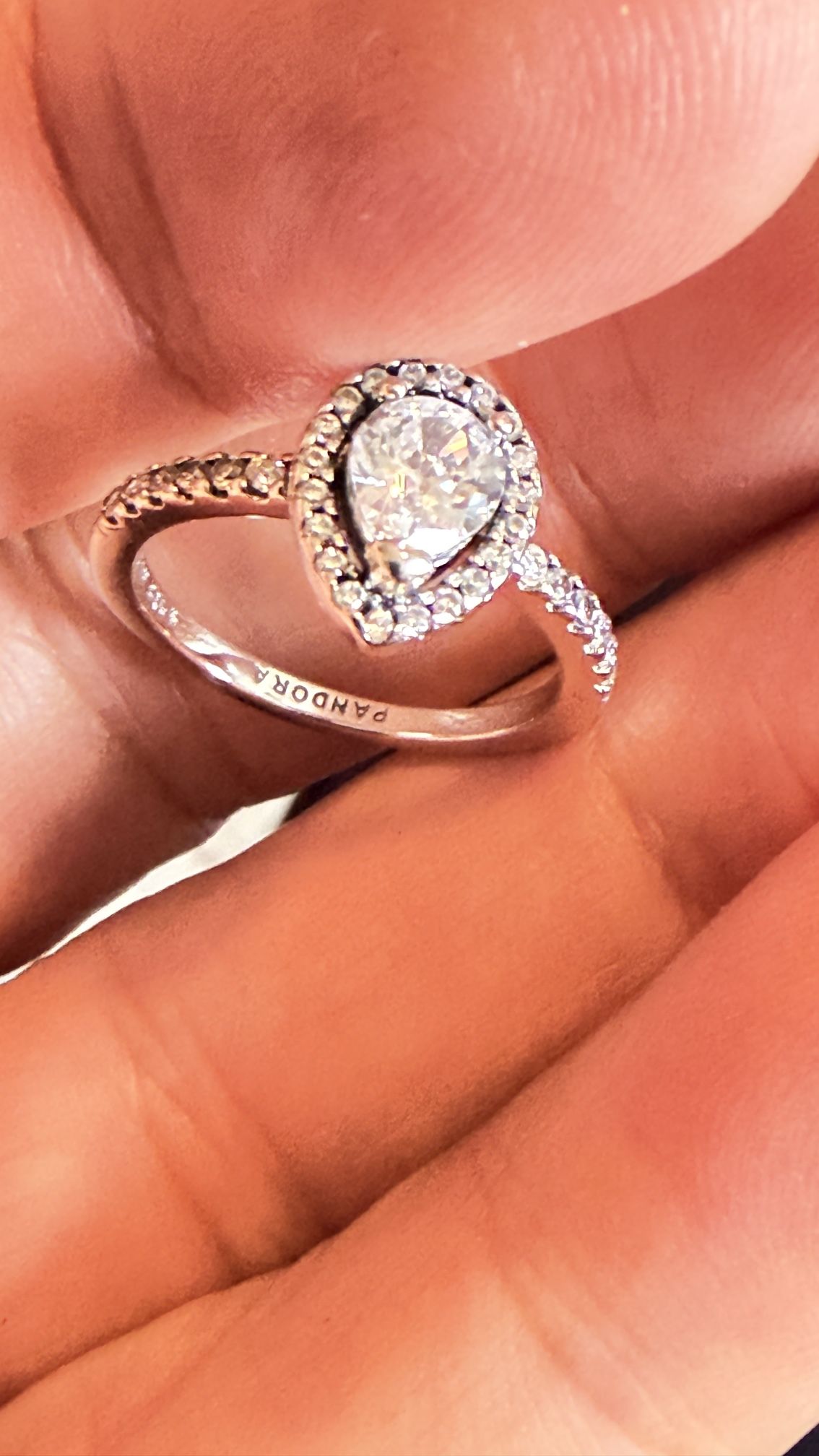 Authentic Pandora Silver Pear shape Ring With Large Diamond/ Messionite