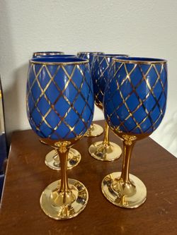 Vintage Cobalt Blue & Gold Goblets – Set of 6