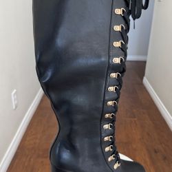 Elegant Black Lace-Up Knee-High Boots. Size 8.5