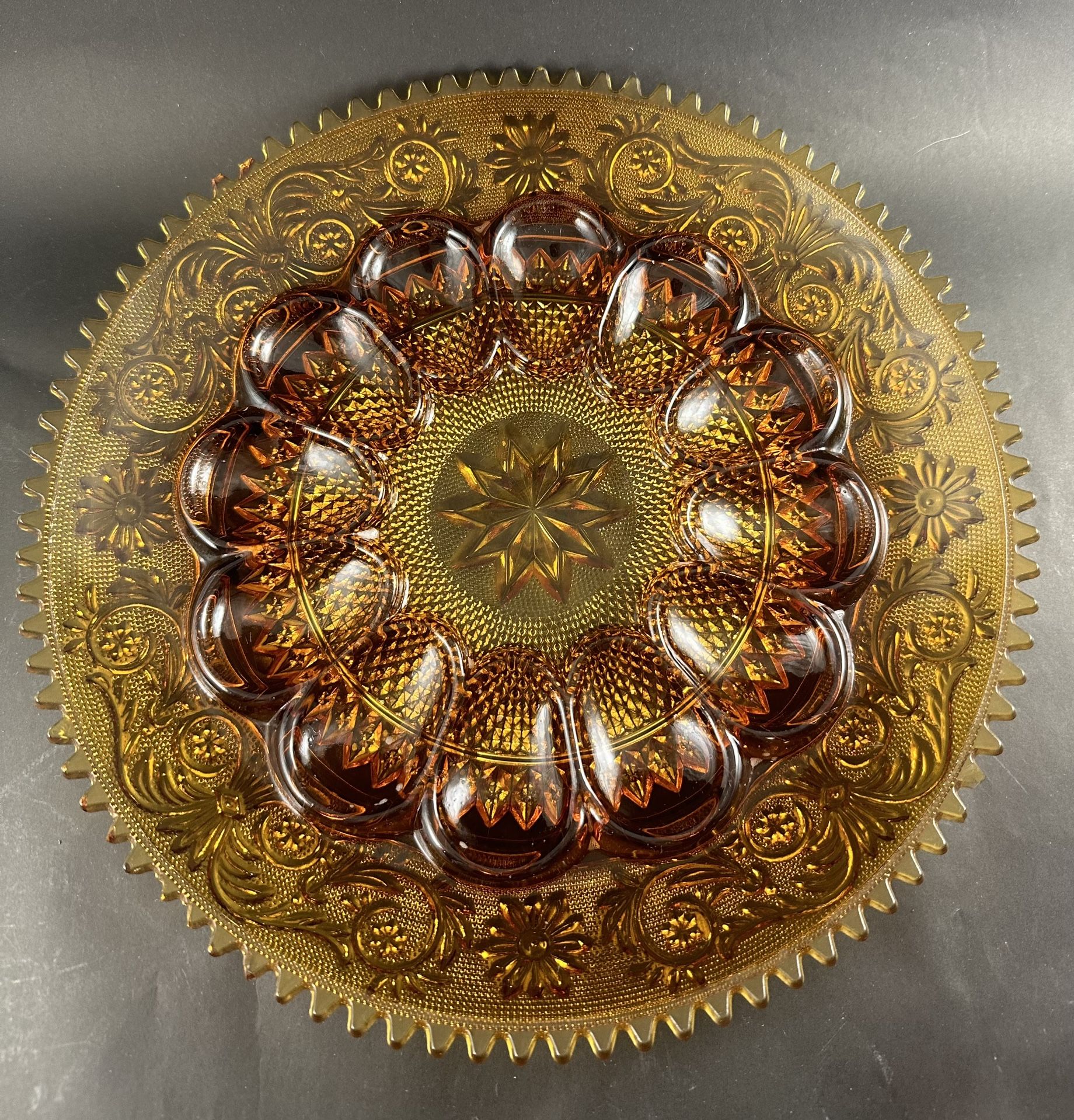 Vintage Tiara Amber Glass Sandwich Pattern Stuffed/Deviled Egg Serving Tray