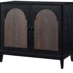 Brand New In The Box- Sango Arch 2-Door Accent Cabinet – Modern Black & Brown Storage Cabinet with Elegant Arched Doors, Adjustable Shelf, Sturdy Soli