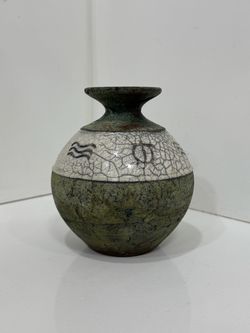 Vintage Raku Pottery Vase Christopher Matti Raku Green Studio Art Petroglyph