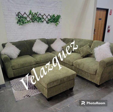 
✅️"4 pc sage green corduroy fabric sectional sofa with rounded arms and ottoman"