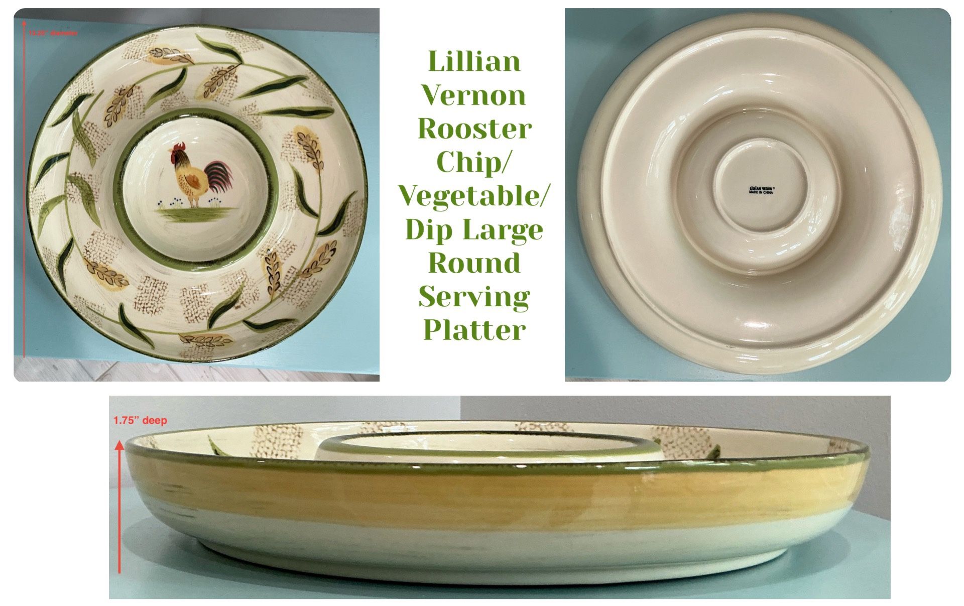 Lillian Vernon Rooster Chip/Vegetable/Dip Large Round Serving Platter