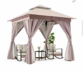 #F  8’ × 8’ Outdoor Patio Gazebo Color: Khaki Double Roof • Mosquito Netting • Privacy Screens  Price: $120