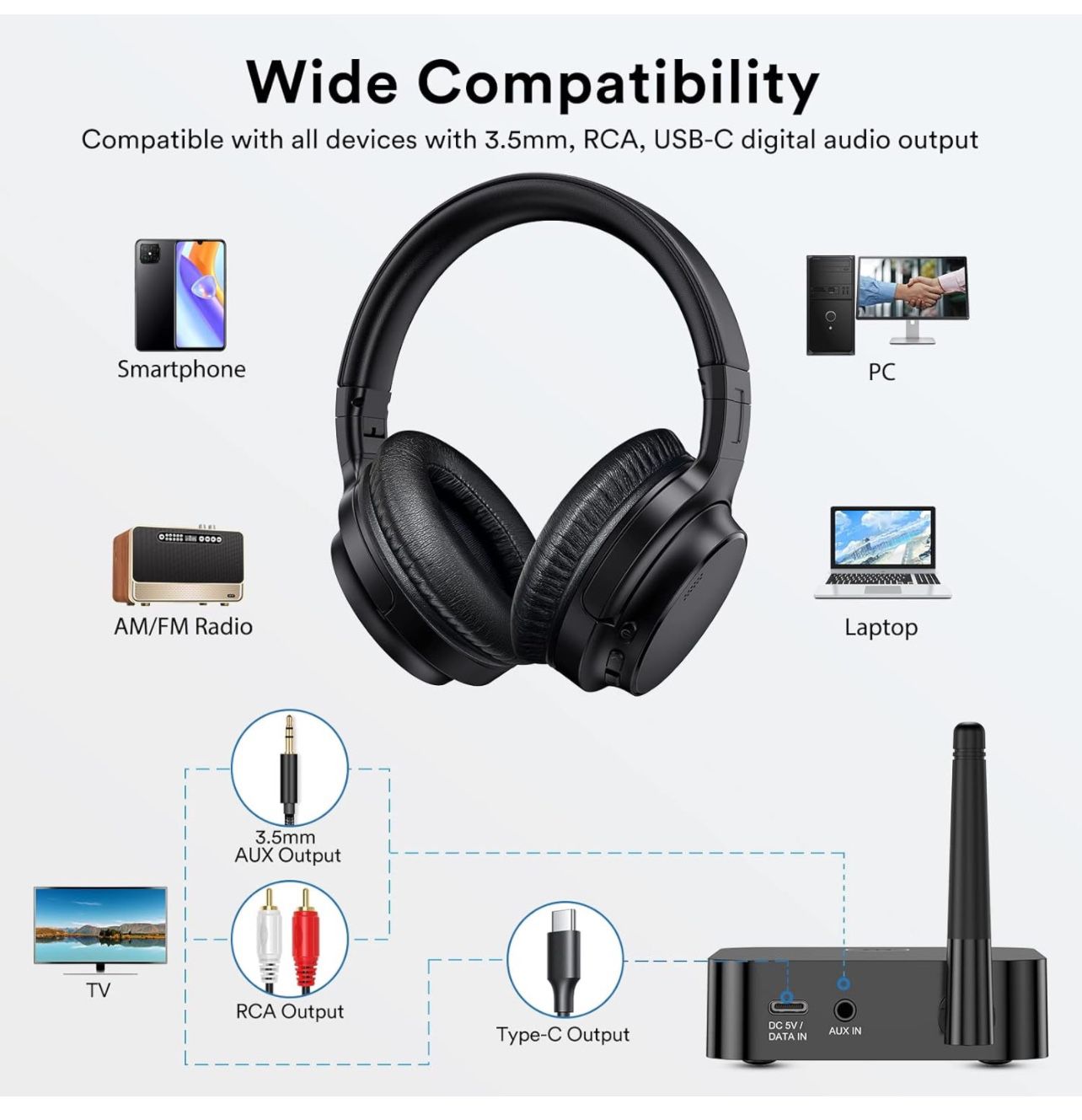 Rosid TH11 Wireless TV Bluetooth 5.0 Headphones with 40mm Driver in Black Faux Leather