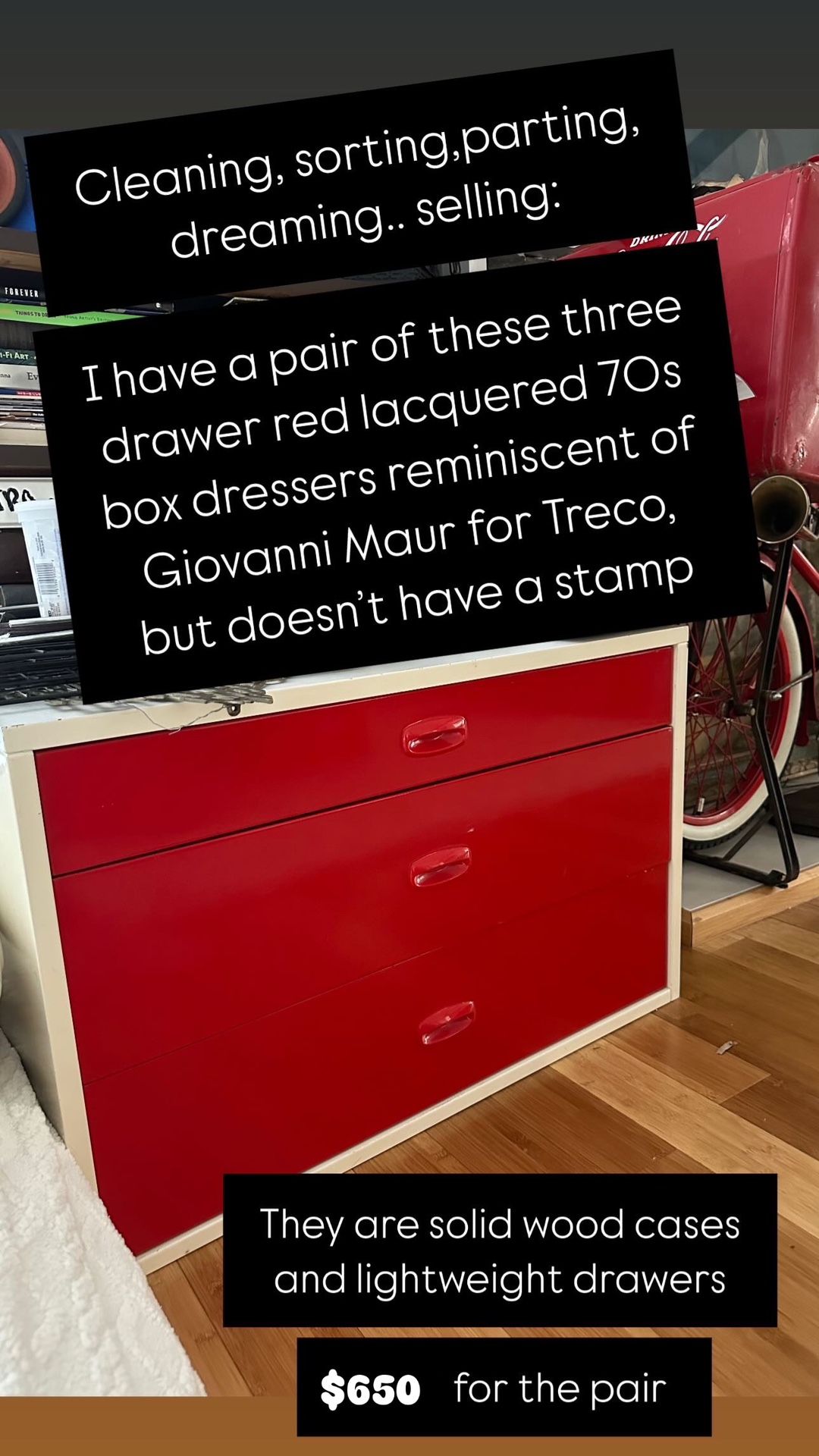 Pair Giovanni Maur Look A Likes Red Lacquered 1970 Box Dresser 