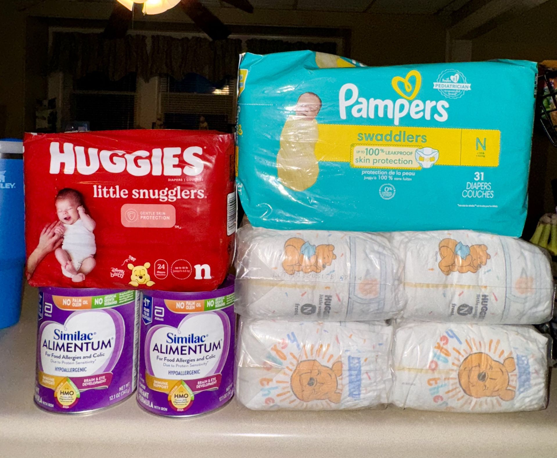 Baby’s Care Package. Huggies WTP Newborn 24ct, Huggies, WTP Newborn 72ct,Pampers 31Ct,Similac Alimentum Expires 2025-12 Oz Cans(2) $130 Value For $90.