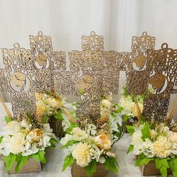  6 CENTERPICWooden Cross Favor Boxes, Wedding Wooden box and cross, Flower decorated wooden cross and box, jewelry box, baptism wooden cross and box. 
