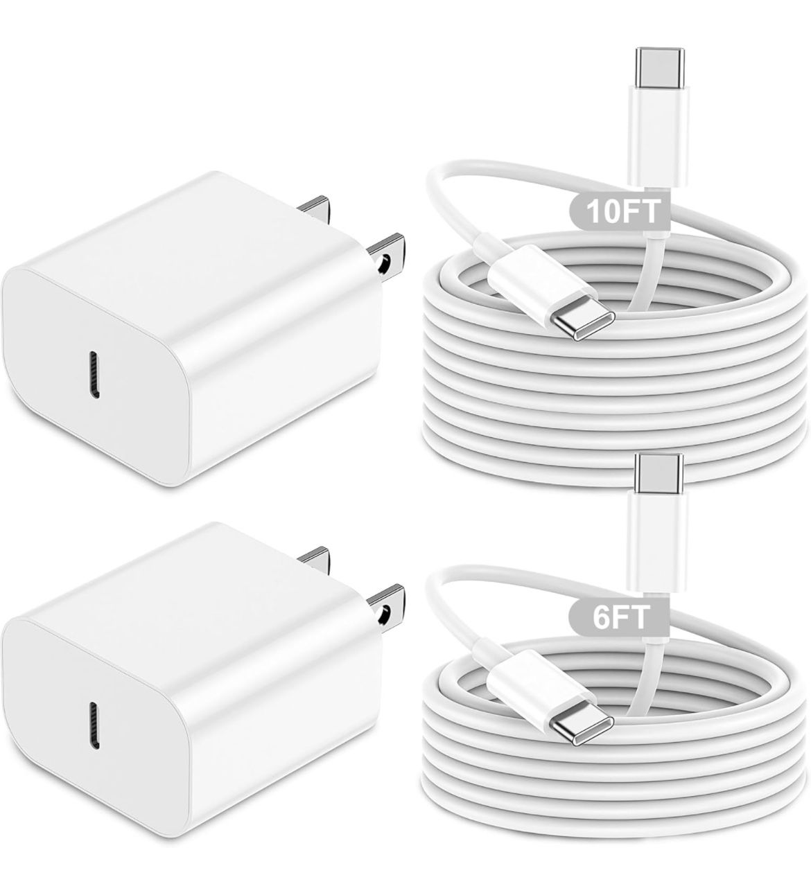 New In Box Charger Fast Charging,20W 2Pack USB-C Wall Charger Block with 10ft&6ft Type C to USB C Cable