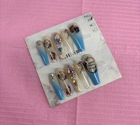 Long coffin Press on nails rhinestones blue ombré handmade